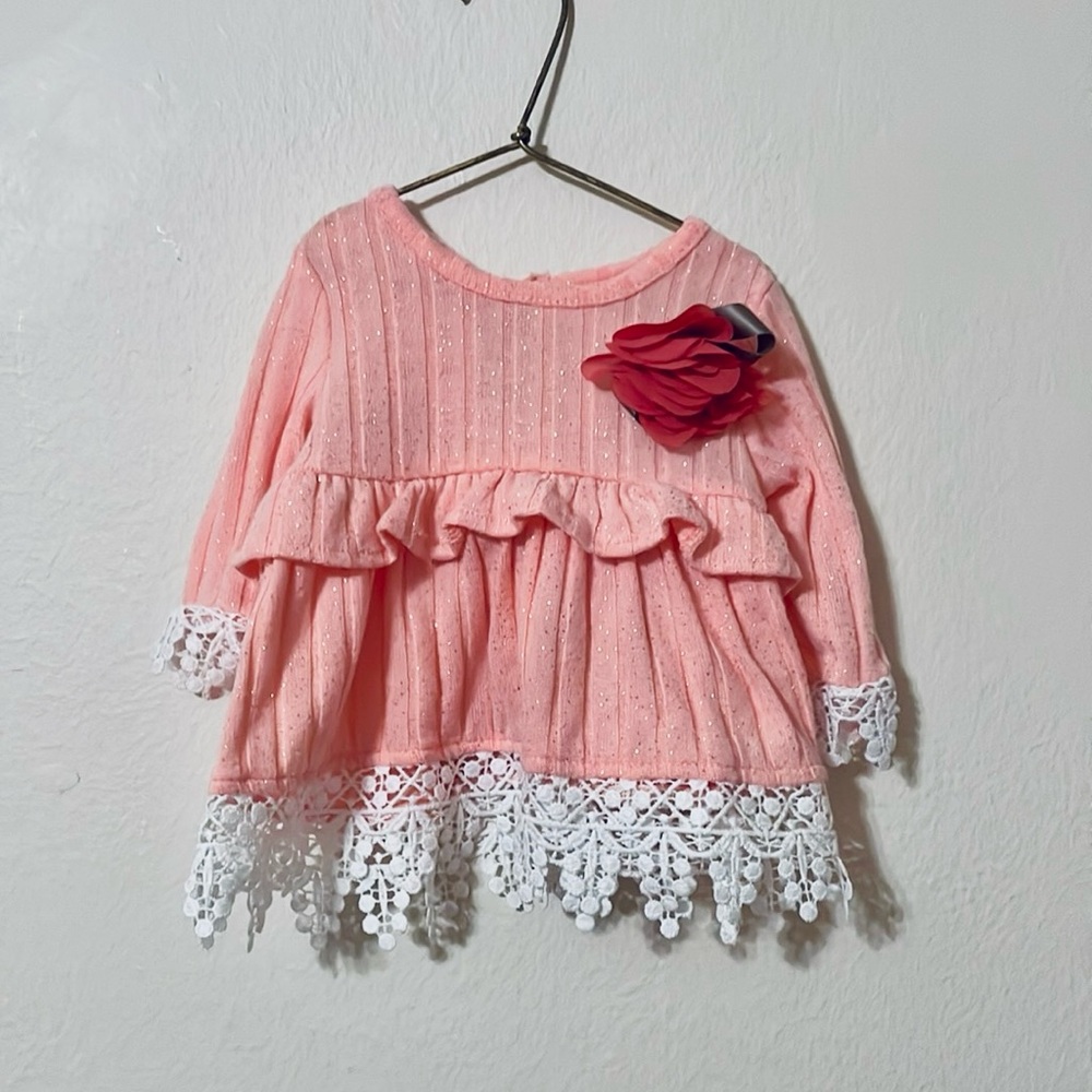 Little Lass Pink and White Ruffle Blouse with Flower Accent